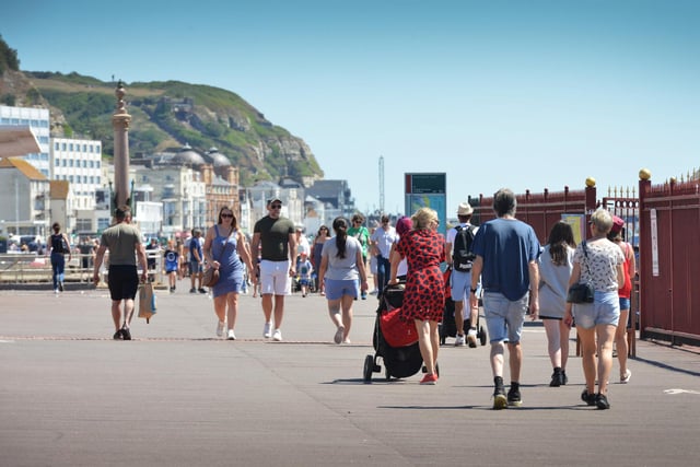 Hastings and St Leonards seafront pictured during the mini heatwave on July 10 2022.