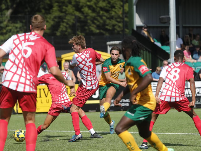 Action from Horsham's home defeat to Carshalton Athletic. Picture by John Lines