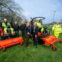 Pictured with two new cut and collect mowers are staff from Horsham Council's grass cutting contractors Grasstex Adam Peacock, Roger Wragg and Simon King with Councillor Joy Dennis,  council head of local highway operations Michele Hulme, Grasstex's Lukas Ozana, and Brian Lambarth, the council’s Greenprint service delivery manager.