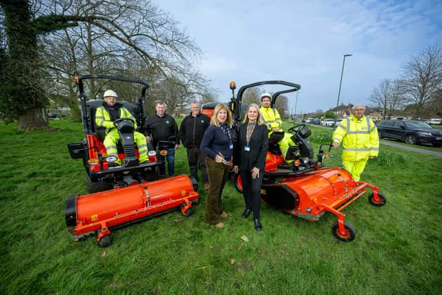 Pictured with two new cut and collect mowers are staff from Horsham Council's grass cutting contractors Grasstex Adam Peacock, Roger Wragg and Simon King with Councillor Joy Dennis,  council head of local highway operations Michele Hulme, Grasstex's Lukas Ozana, and Brian Lambarth, the council’s Greenprint service delivery manager.
