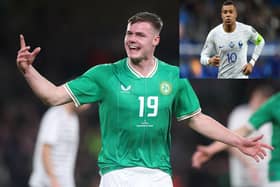 Republic of Ireland and Brighton star Evan Ferguson has been praised by France captain Kylian Mbappe (inset) after scoring his first international goal. (Photos by Oisin Keniry/Getty Images and Justin Setterfield/Getty Images)