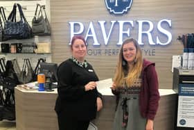 Pavers Eastbourne’s Store Manager, Katie Brooke (Left), presenting the cheque to Care for the Carers Fundraising Manager, Amy Hope (Right)