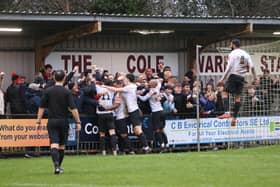 Lewes celebrate one of the three goals that saw off Hastings at the Pilot Field | Picture: James Boyes