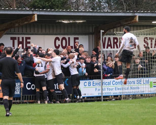 Lewes celebrate one of the three goals that saw off Hastings at the Pilot Field | Picture: James Boyes