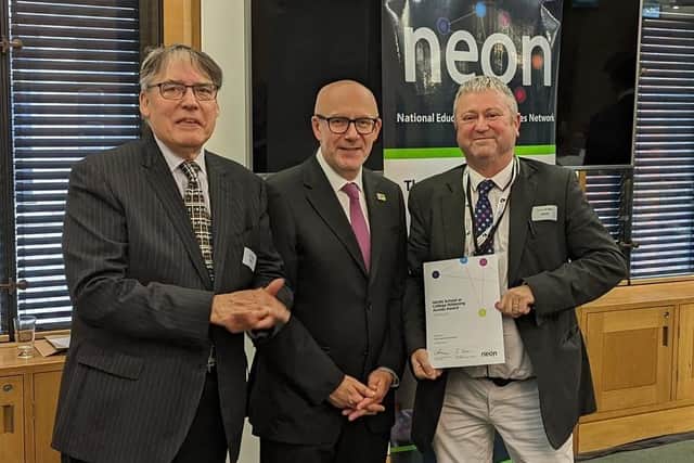 Gavin Bowles, work related manager and careers officer at The Angmering School, is presented with the NEON School or College Widening Access Award 2022