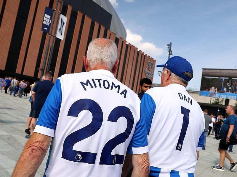 Fans of Brighton & Hove Albion are seen wearing replica shirts which read "Mitoma, 22" and "Dan, 1", as they enjoy the pre-match atmosphere prior to the Premier League match between Everton and Brighton & Hove Albion at Hill Dickinson Stadium