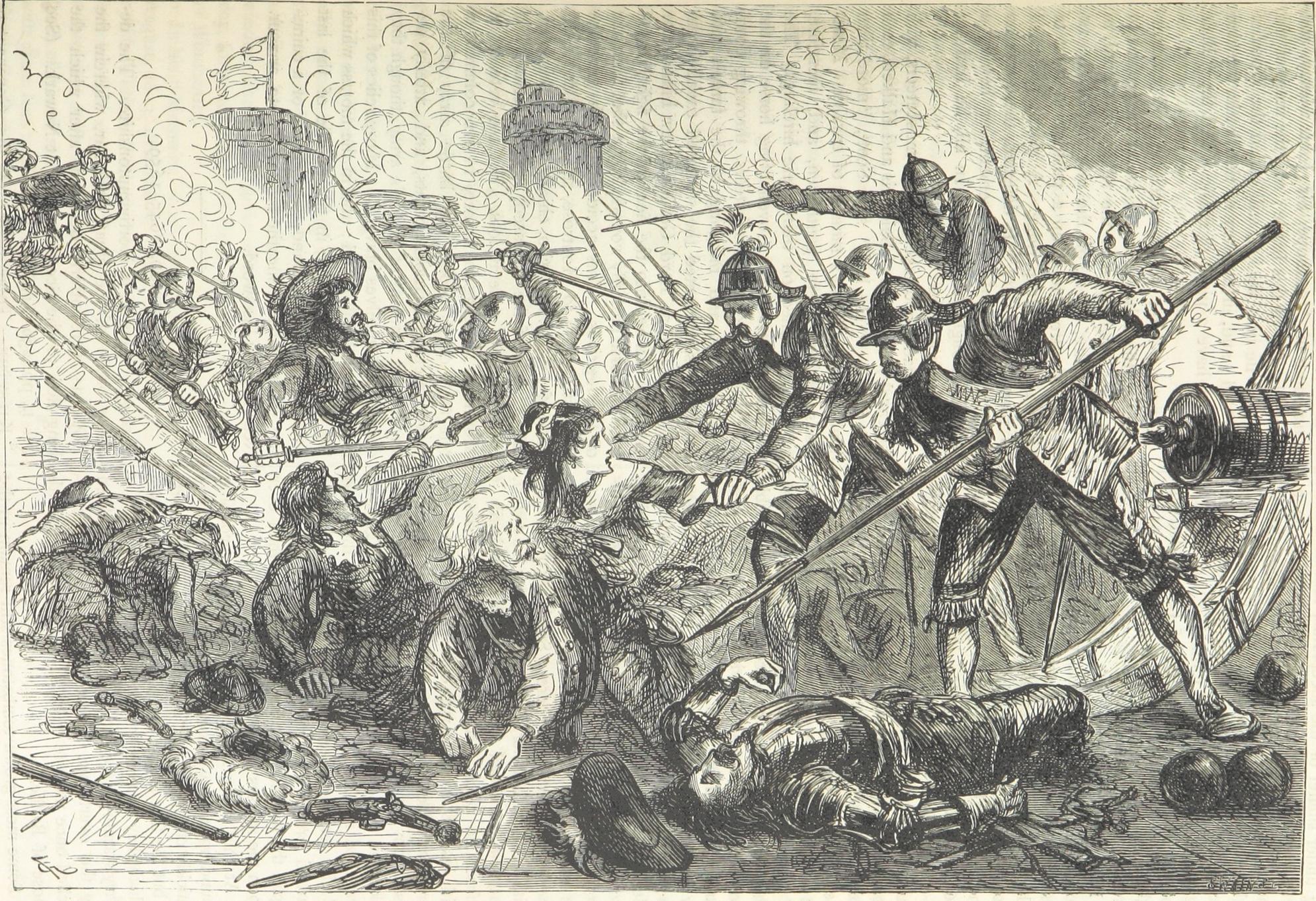 Line drawing of the Siege of Basing House near Basingstoke