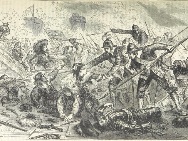 Line drawing of the Siege of Basing House near Basingstoke
