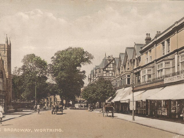 Shops in The Broadway, with the church and Steyne Gardens opposite