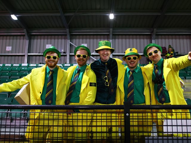 Horsham fans in fancy dress cheer on their team prior to the Emirates FA Cup First Round Replay match between Horsham and Barnsley at The Camping World Community Stadium.(Photo by Charlie Crowhurst/Getty Images)
