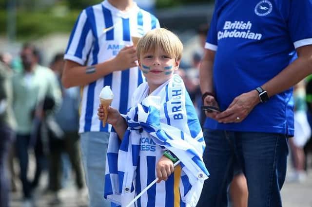 Brighton fans soak up the atmosphere on the final day of the Premier League season against West Ham United at the Amex Stadium