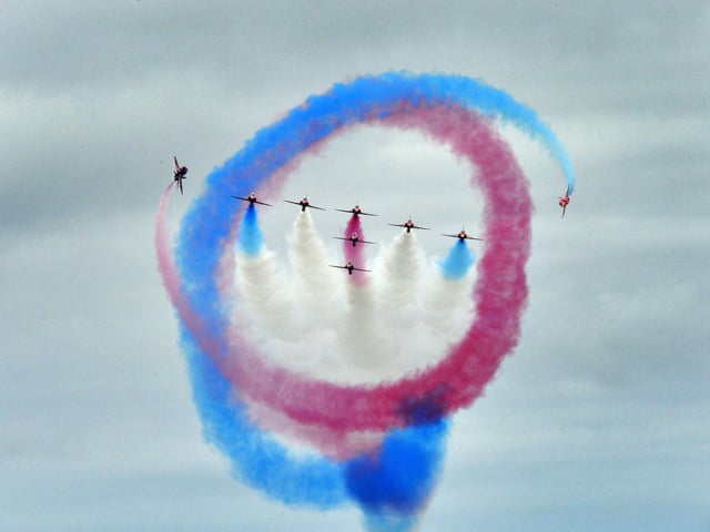 The Red Arrows display team in their 60th year at Eastbourne International Airshow today as the town celebrate their 30th year of Airbourne (Photo by Jon Rigby)