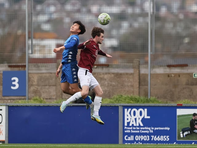 Action between Worthing and Hastings United in the Sussex Senior Cup semi-final at Lancing