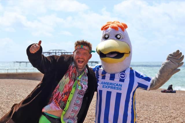 Gully, the Brighton and Hove Albion mascot, who was out and about in Hove on Monday to help launch the blue and white week