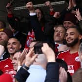 Crawley Town Manager Scott Lindsey celebrates with the team getting into the play-offs | Picture: James Boardman / Stephen Lawrence / Telephoto Images