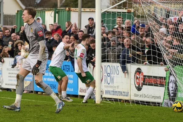 Bognor celebrate the breakthrough v Cheshunt - but it finished 1-1 | Picture: Tommy McMillan