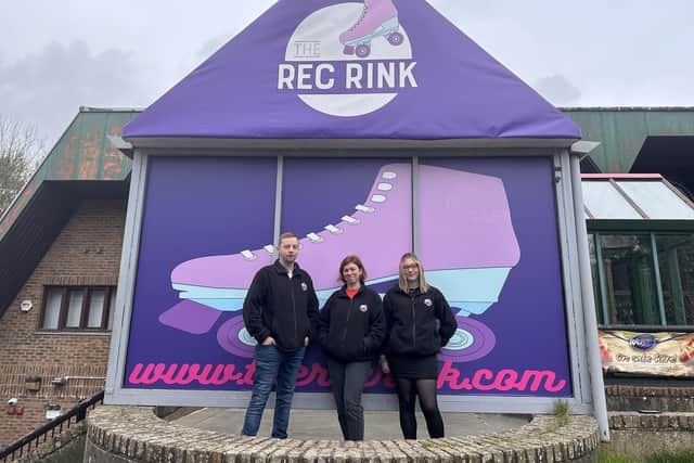Horsham REC Rink manager Nick Hollingdale with team leader Abi Puttick and rink owner Rebecca McDowell