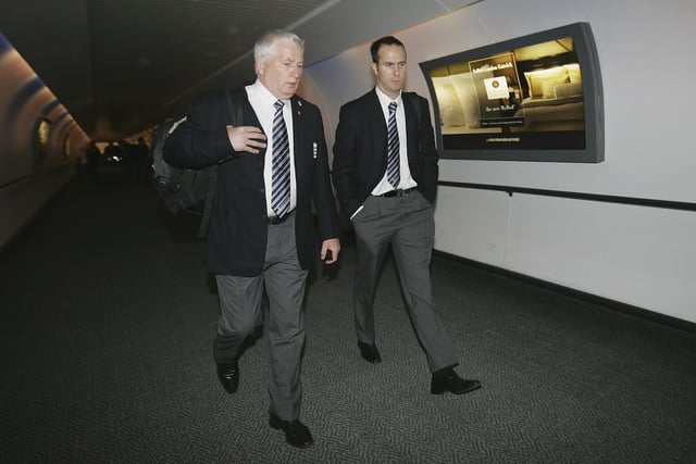 GATWICK, UNITED KINGDOM - MARCH 02:  Coach Duncan Fletcher and Captain Michael Vaughan walk through Gatwick Airport as they depart for the Cricket World Cup on March 2, 2007 in Gatwick, England.  (Photo by Christopher Lee/Getty Images)