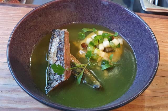 Cured and torched mackerel, green pepper and Granny Smith broth, and a green pepper ketchup.
