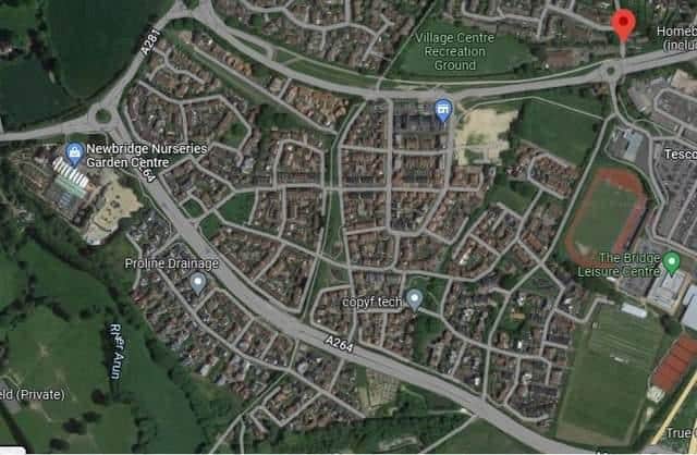 Aerial view of Wickhurst Green development south of Broadbridge Heath (Google Maps)