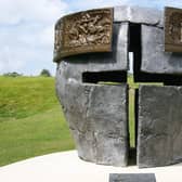 The evocative helmet sculpture marking the place in Priory Park where King Henry III surrendered to his brother-in-law, Simon de Montfort after a day of savage battle.