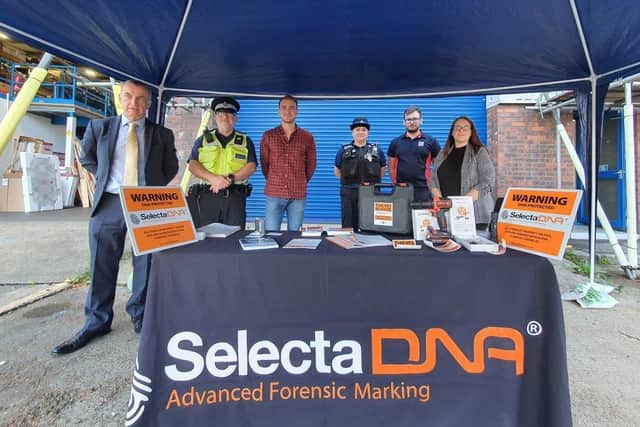 From left: Nick Roach, Selecta DNA Police Liaison; PCSO Jamie Chandler; Louis Bennett, Selecta DNA Business Development Manager; PCSO Suzanne Lydon; Rhys Granville, Williams Trade Supplies Asst Manager; and Clair Frame, Selecta DNA Head of Sales UK. Picture courtesy of Sussex Police