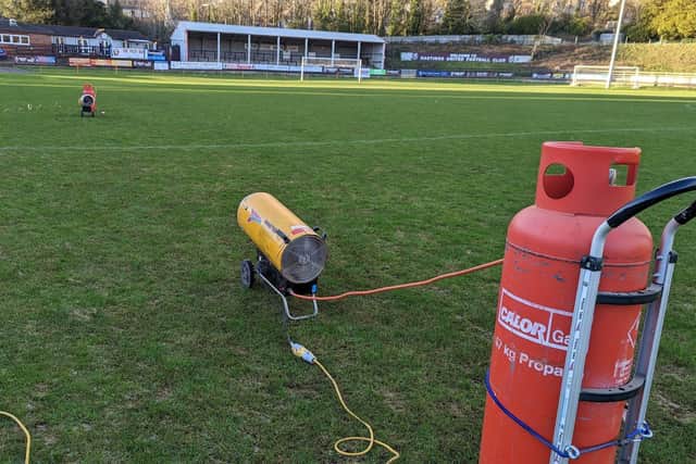 A picture by Hastings United groundsman Simon Rudkins showing attempts to get the Pilot Field pitch playable for Saturday's game - and it very nearly paid off, with only a late call-off by the match referee deeming all the hard work in vain