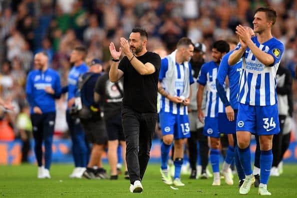 Roberto De Zerbi, manager of Brighton & Hove Albion, applauds the fans following the team's victory against Newcastle United