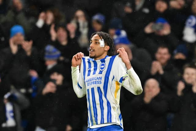 Brighton's Brazilian striker Joao Pedro celebrates after scoring his team's goal against Arsenal