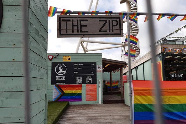 The first thing you see is The Zip, a 300m zipwire that is the longest on the south coast - dressed up here for Brighton Pride