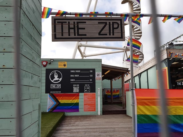 The first thing you see is The Zip, a 300m zipwire that is the longest on the south coast - dressed up here for Brighton Pride