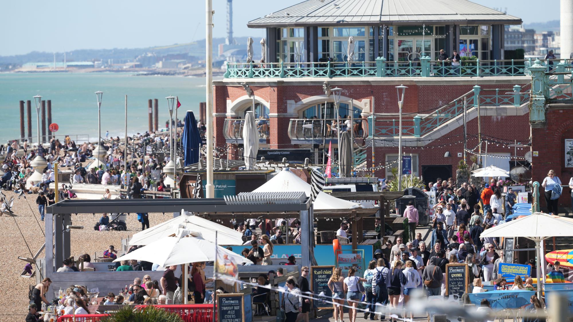 Brighton beach is busy today (April 7, 2026) on what is the hottest day of the year so far