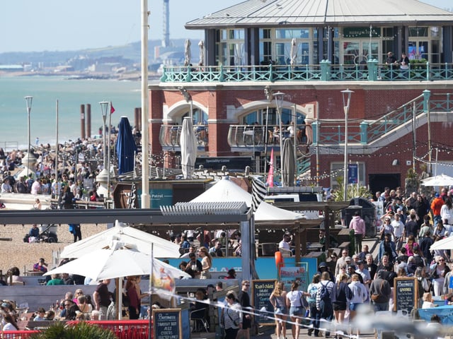 Brighton beach is busy today (April 7, 2026) on what is the hottest day of the year so far