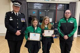 Jessica Redgrave and Jorja Marshall, receiving their Grand Prior Awards from County President Giles York, and Area Manager Paul Strover.
