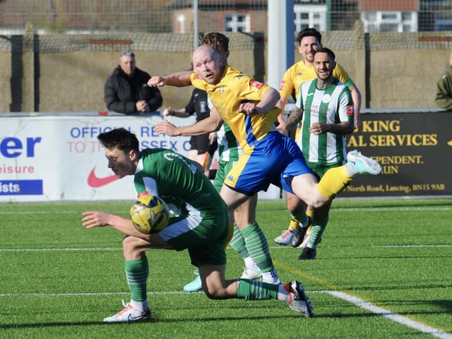 Action from Lancing v Chichester City in the Isthmian south east division