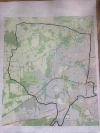 Ancient Parish of Ifield [boundary outline in black] showing Willoughby Fields Local Nature Reserve/LNR, Ifield Brook Meadows Local Green Space/LGS, The Millpond SNCI and Ifield Golf Club across the centre of the picture.