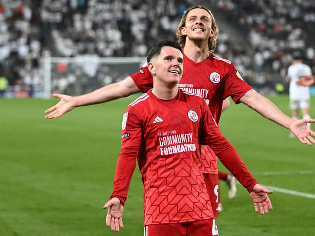 Crawley Town forward Danilo Orsi (9) scores a goal and celebrates with Crawley Town midfielder Liam Kelly (4) 1-5 during the EFL Sky Bet League 2 play-off second leg match between Milton Keynes Dons and Crawley Town at stadium:mk, Milton Keynes, England on 11 May 2024.:Crawley Town hammered MK Dons 5-1 - and 8-1 on aggregate - to reach the League Two play-off final Wembley. Photographer Dennis Goodwin/Pro Sport Images was there to catch the action, the crowd and the celebrations