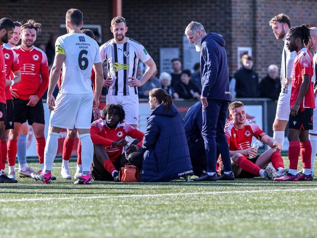 Action from Eastbourne Borough's National South win ovder Dartford at Priory Lane