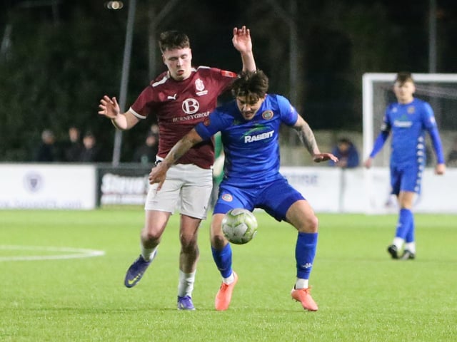 Action between Worthing and Hastings United in the Sussex Senior Cup semi-final at Lancing