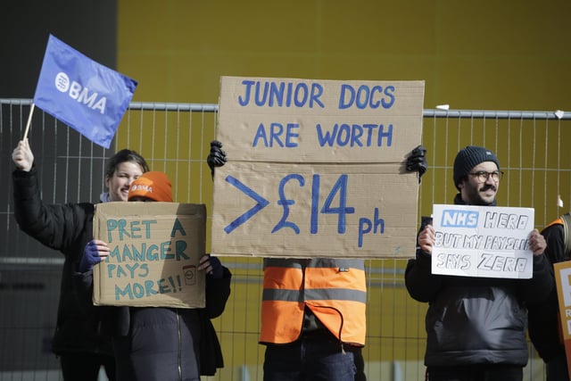 Junior doctors on a picket line outside the Royal Sussex County Hospital in Brighton, East Sussex.