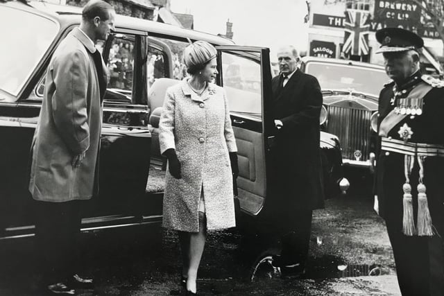 The Queen steps out of her car on her visit to Pevensey in 1966