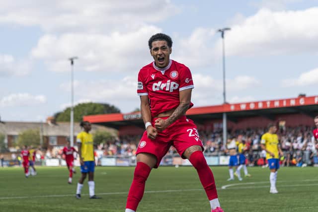 Ramell Carter celebrates his goal - which proved the only one of the Worthing-Wealdstone game | Jay Wrighte