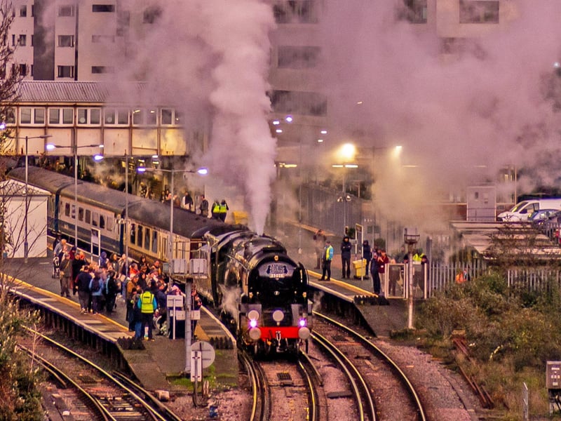 The Christmas Sussex Belle, Merchant Navy Class 35028 Clan Line, leaves Hastings Railway Station on November 19 2025. Pic by Brian Bailey.