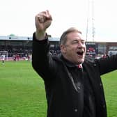 Scott Lindsey celebrates Crawley's win at Hartlepool