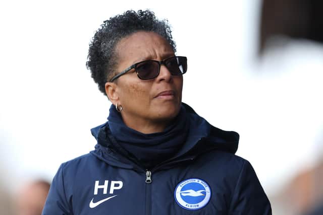 Manager of Brighton & Hove Albion, Hope Powell looks on during the Barclays FA Women's Super League match between West Ham United Women and Brighton & Hove Albion Women (Photo by Julian Finney/Getty Images)
