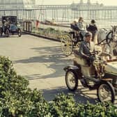 Vintage cars on Eastbourne seafront in 1966.