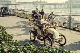 Vintage cars on Eastbourne seafront in 1966.
