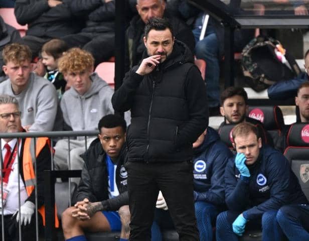 BOURNEMOUTH, ENGLAND - APRIL 28: Roberto De Zerbi, Manager of Brighton & Hove Albion, looks on during the Premier League match between AFC Bournemouth and Brighton & Hove Albion at Vitality Stadium on April 28, 2024 in Bournemouth, England. (Photo by Mike Hewitt/Getty Images)