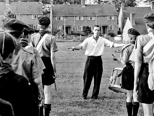 Mr Mills with the Scouts on the huge old Canada Road playing field. Ellis Close is now on the site.