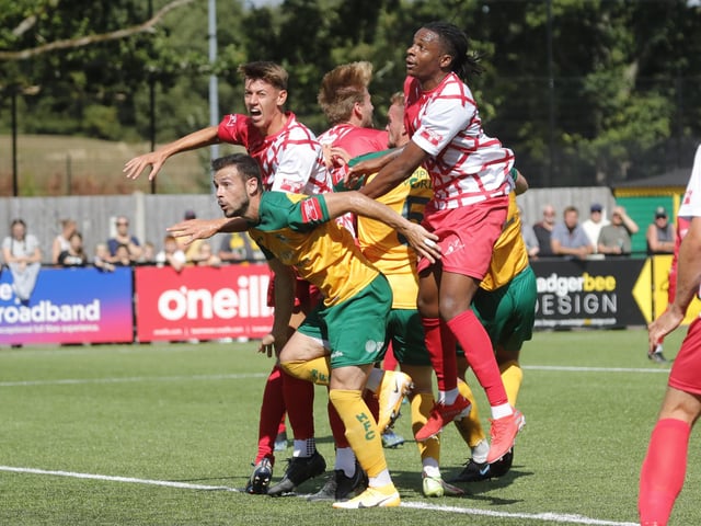 Action from Horsham's home defeat to Carshalton Athletic. Picture by John Lines